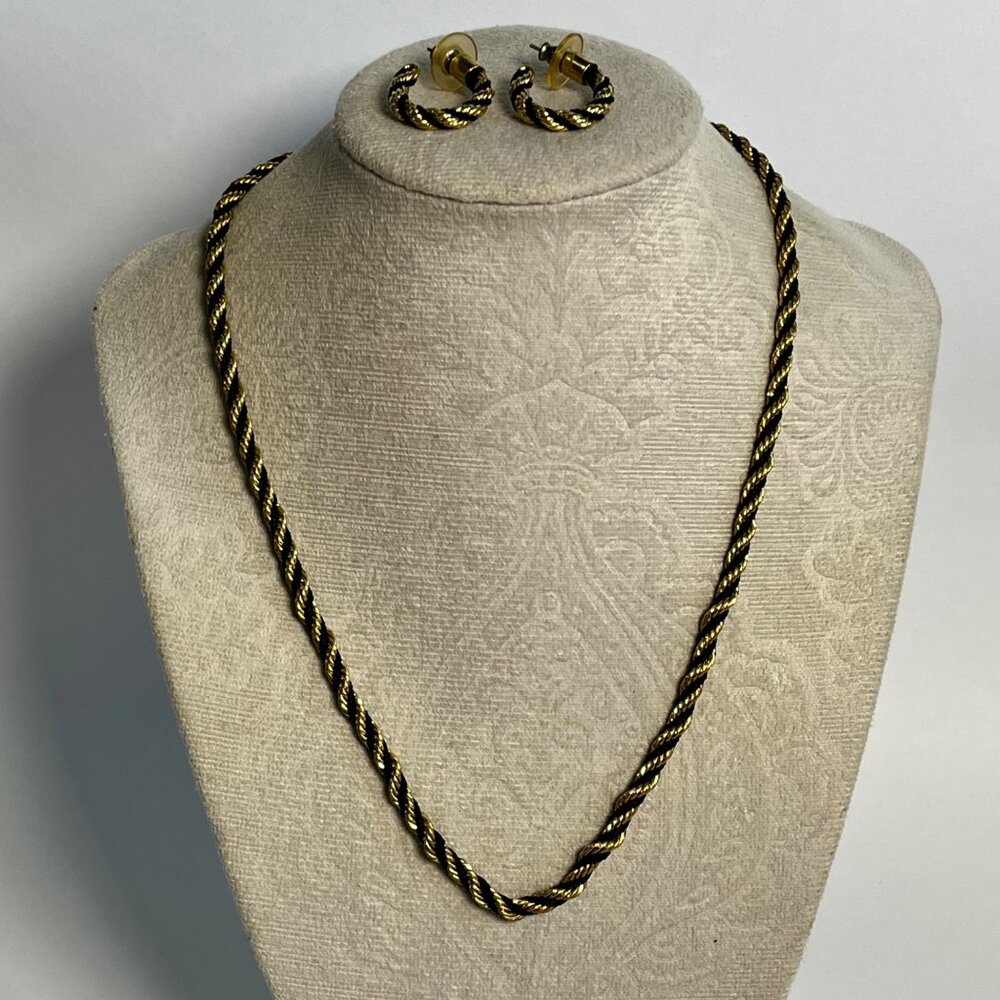Vintage Twisted Black & Gold Rope Chain Necklace & Matching Hoop Earrings Jewelr